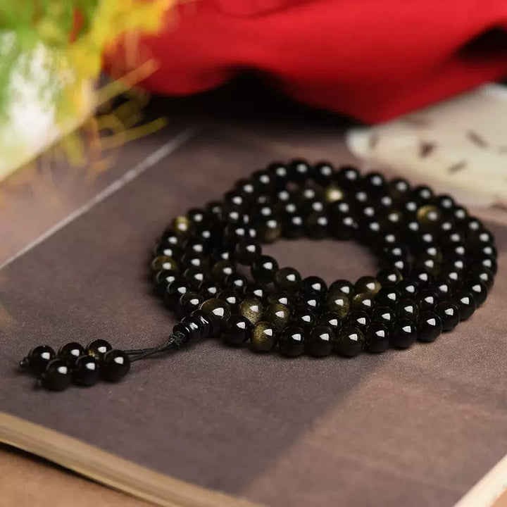 Pulsera de riqueza de obsidiana con brillo de oro natural, cuentas de Mala, 108 Buddha Stones