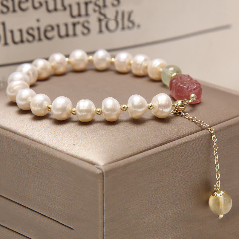 Pulsera con dijes de optimismo PiXiu, cuarzo fresa, perlas naturales , Buddha Stones