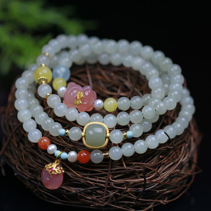 Pulsera de abundancia de felicidad con hebilla de paz de cristal rosa de Jade Natural Hetian