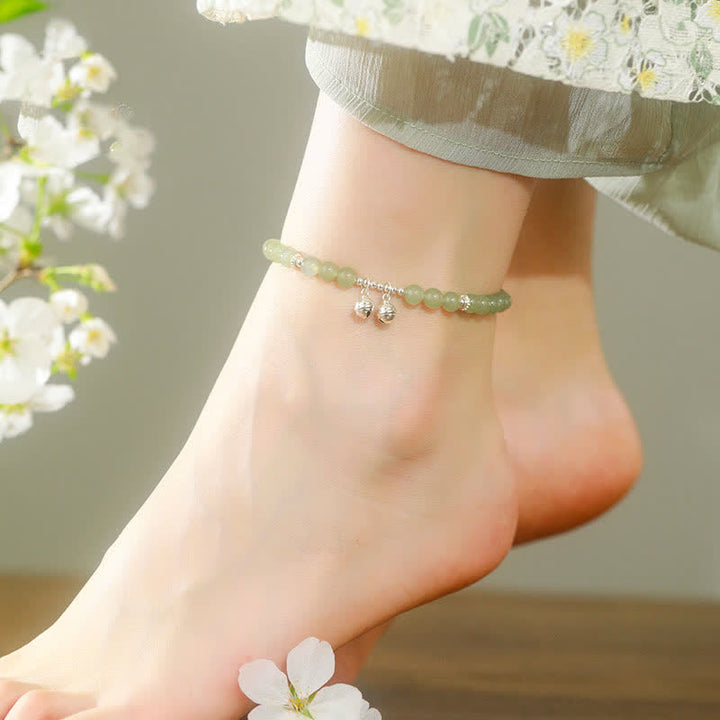 Tobillera con colgante de campana de prosperidad de jade hetiano natural de plata de ley 925