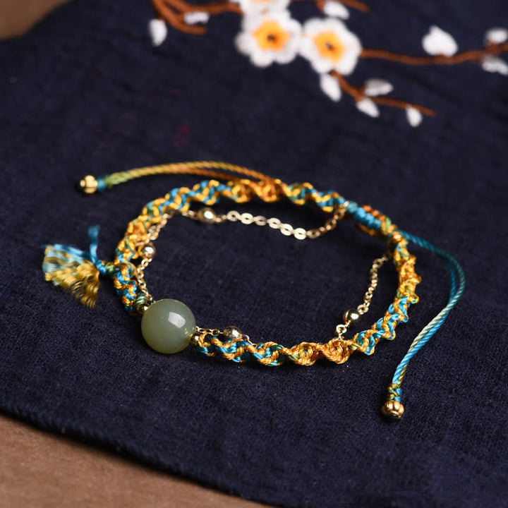 Pulsera de doble capa con cuentas de jade de la suerte, cuerda colorida hecha a mano con Buddha Stones