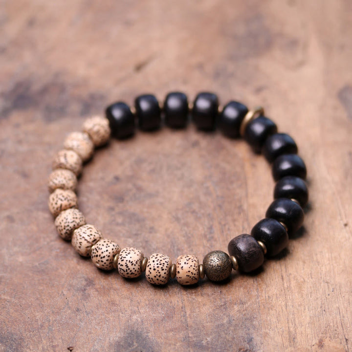 Pulsera de paz de cobre y madera de ébano, obsidiana negra, semilla de Bodhi tibetana, Buddha Stones