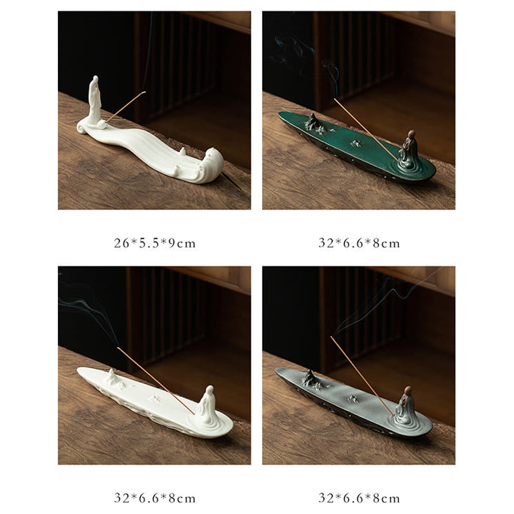 Quemador de incienso de cerámica con bendición de montaña, ola de mar, monje Buda, decoración