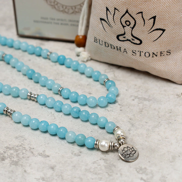 Buddha Stones Pulsera de Mala de Loto Curativo de Piedra Amazonita Natural