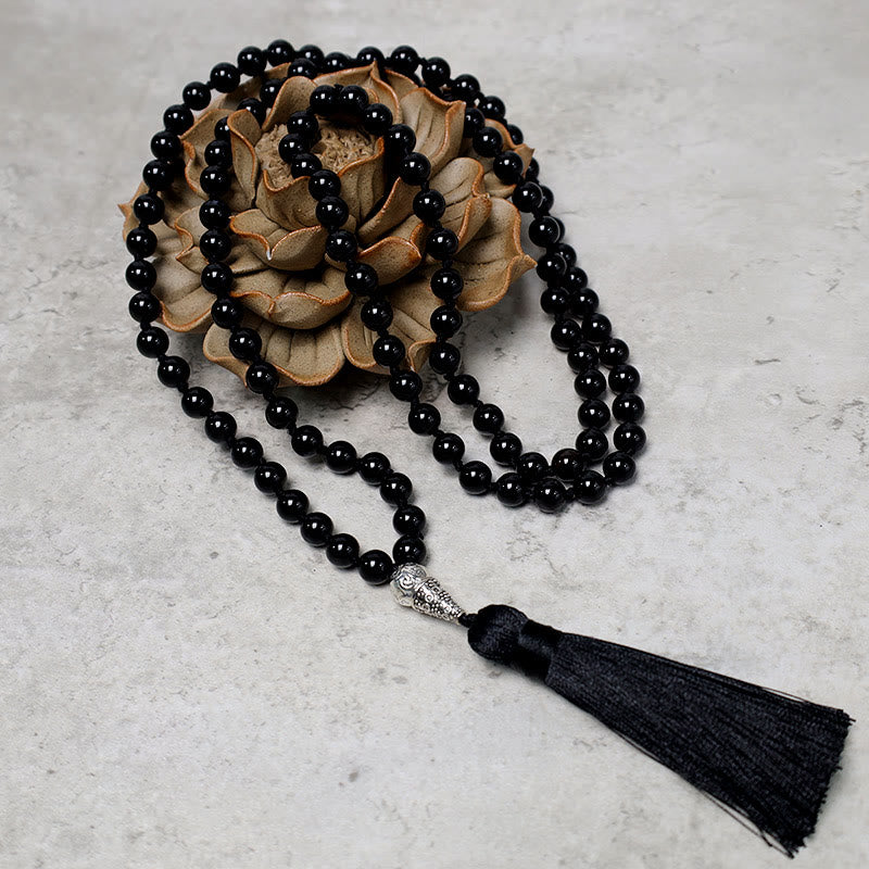 Buddha Stones 108 Mala cuentas de ónix negro Yoga meditación oración collar de cuentas
