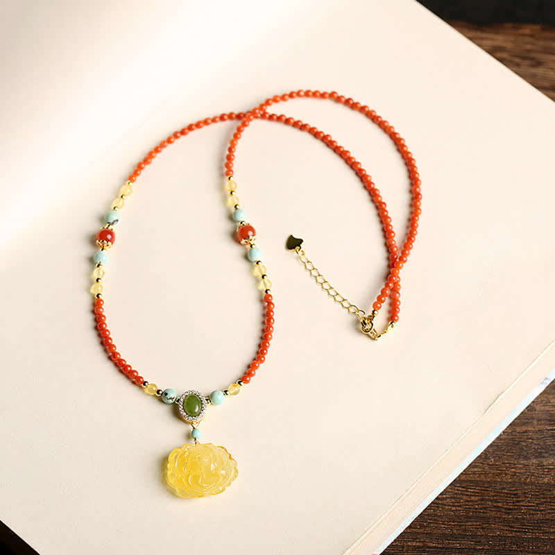 Colgante de plata de ley 925 con ágata roja natural y peonía ámbar