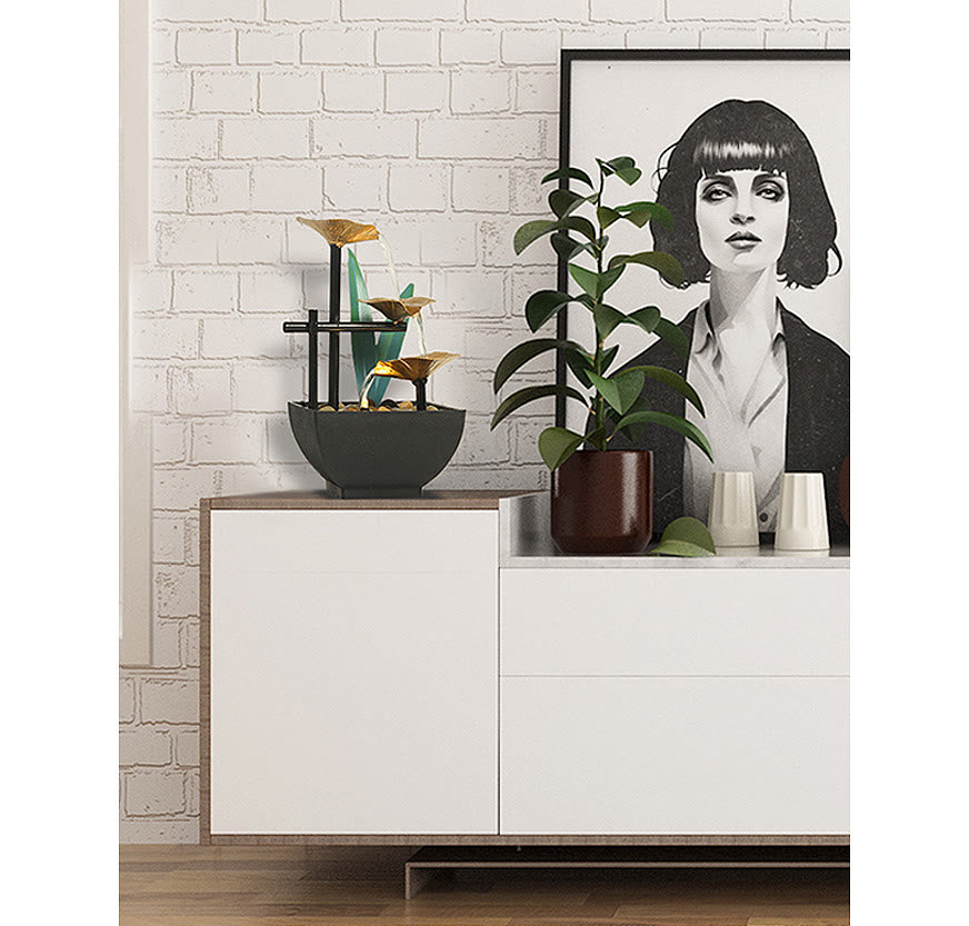 Adornos de loto de mesa de fuente de cascada de tres capas con decoración de escritorio de rocas de río