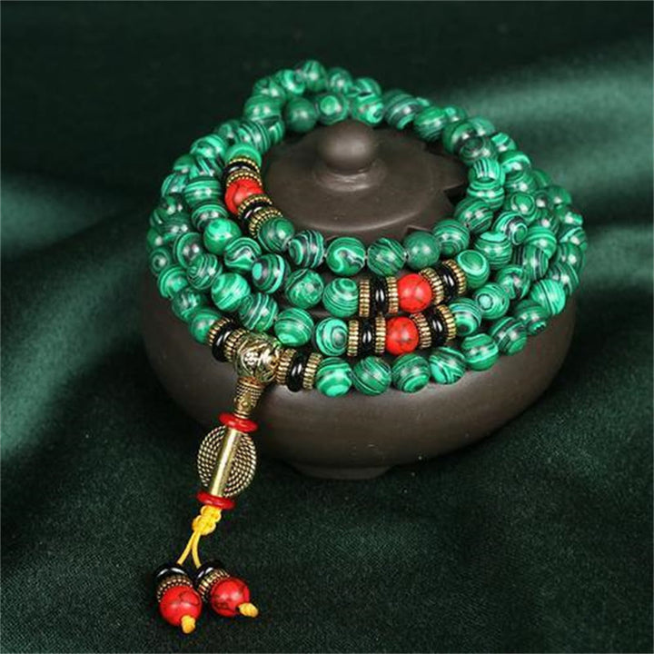 Collar de pulsera de cuentas de malaquita tibetana de Buddha Stones 108 Mala