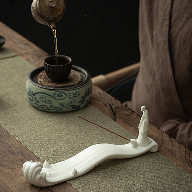 Quemador de incienso de cerámica con bendición de montaña, ola de mar, monje Buda, decoración