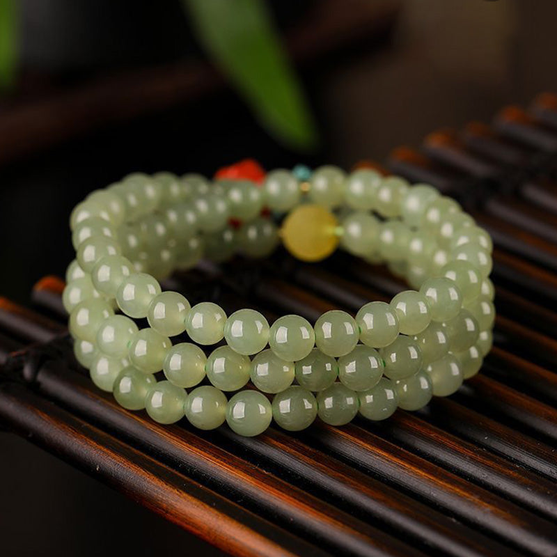 Pulsera de prosperidad de Buda sonriente de ámbar y ágata roja de jade