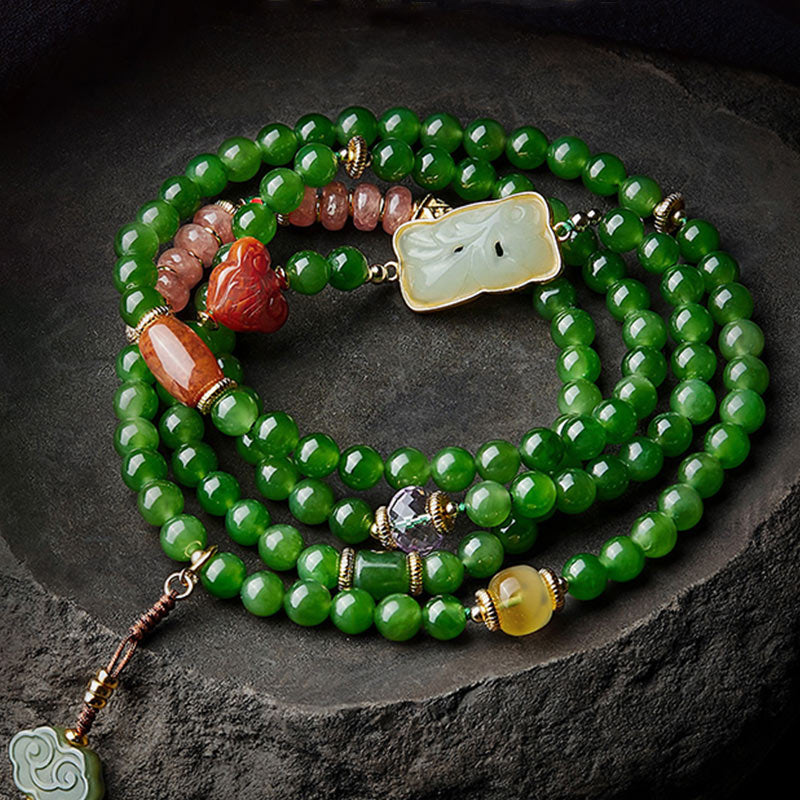 Buddha Stones 108 cuentas Mala cian Jade ágata roja pulsera de la suerte de Buda sonriente