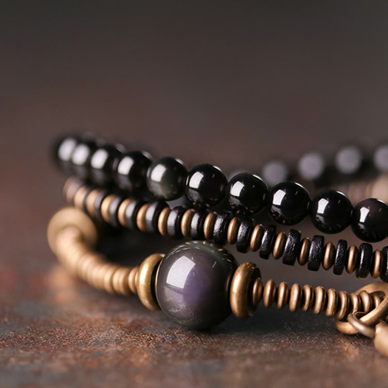 Pulsera de triple envoltura curativa de cobre y madera de ébano, obsidiana arcoíris con Buddha Stones