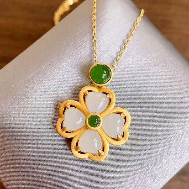 Buddha Stones de plata de ley 925, colgante de cadena con trébol de cuatro hojas de la suerte, Jade, prosperidad