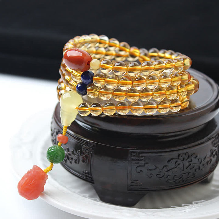 108 cuentas de Mala, citrino Natural, ámbar, hebilla de la paz, ágata roja, pulsera de protección PiXiu