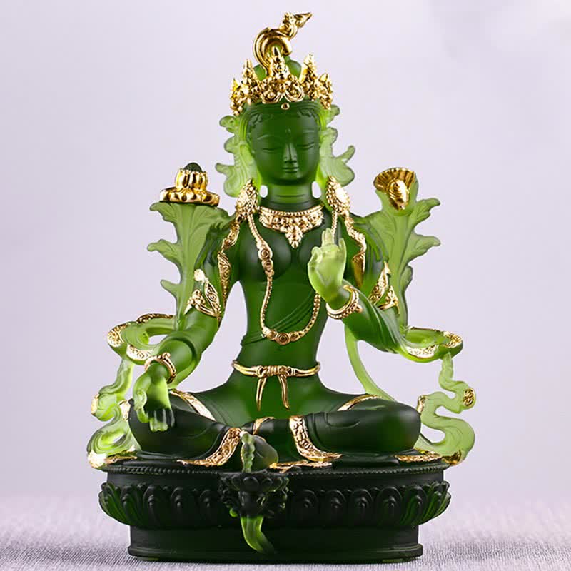 Bodhisattva Tara Verde hecho a mano Liuli Crystal Art Piece Protección Hogar Oficina Estatua Decoración