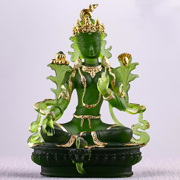Bodhisattva Tara Verde hecho a mano Liuli Crystal Art Piece Protección Hogar Oficina Estatua Decoración