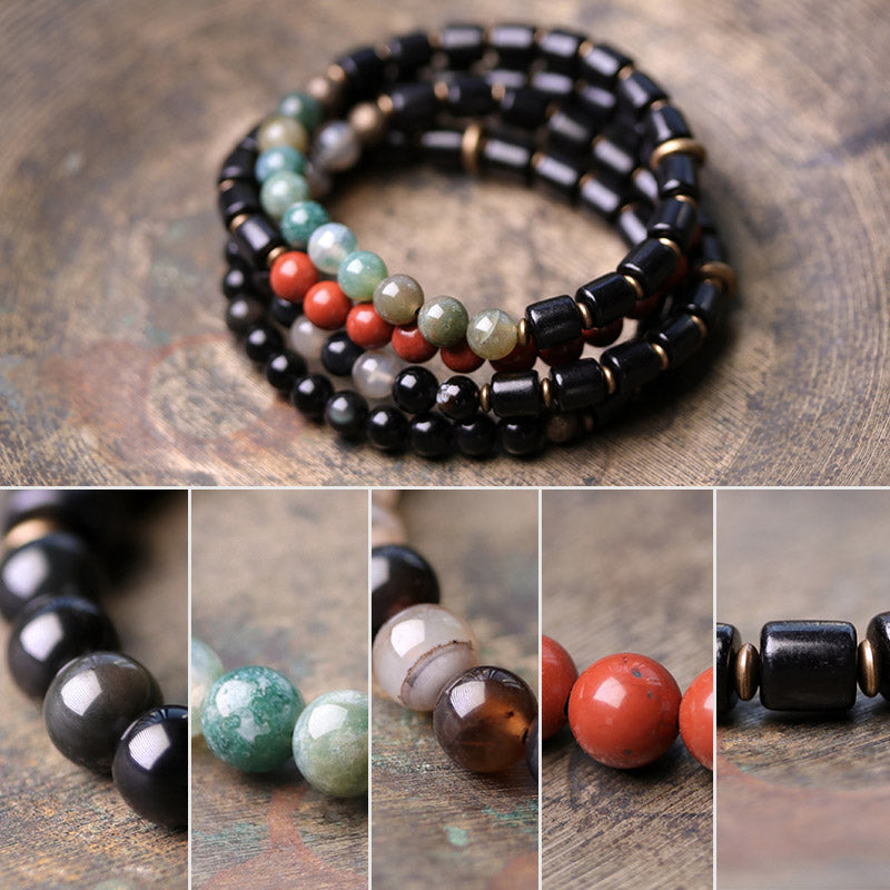 Pulsera de pareja de paz con Buddha Stones, madera de ébano, jaspe rojo, ágata de musgo, cristal, cobre