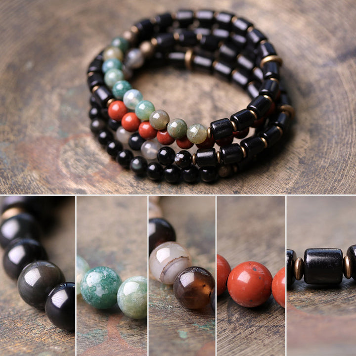 Pulsera de pareja de paz con Buddha Stones, madera de ébano, jaspe rojo, ágata de musgo, cristal, cobre