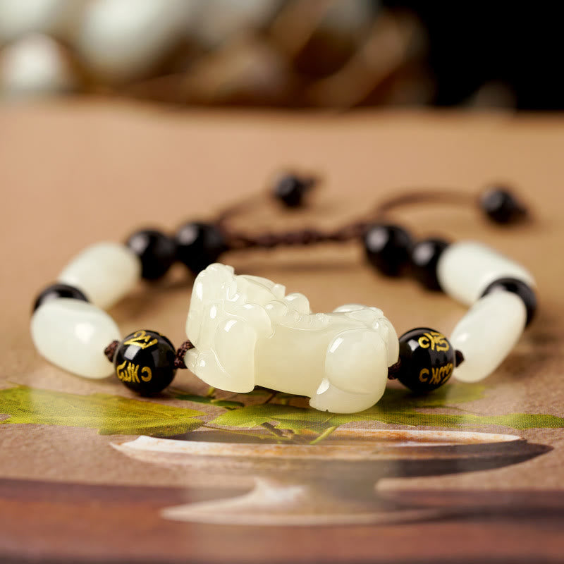 Pulsera de hilo de riqueza PiXiu de jade blanco hetiano natural con Buddha Stones
