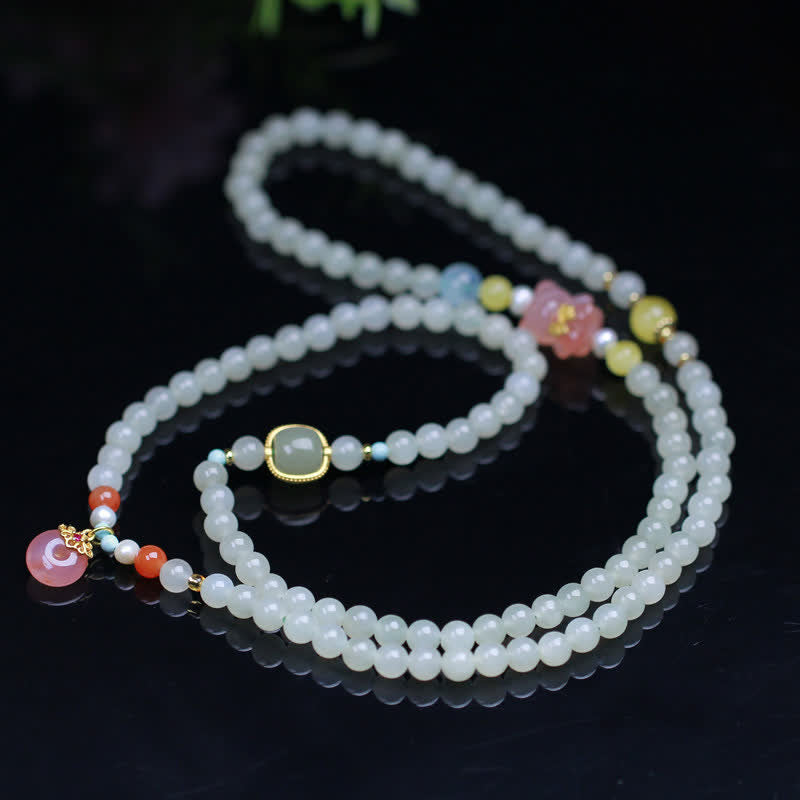Pulsera de abundancia de felicidad con hebilla de paz de cristal rosa de Jade Natural Hetian