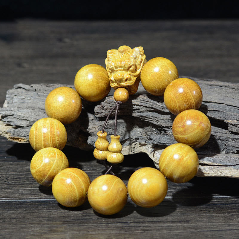 Pulsera de protección con Buddha Stones, palisandro, sándalo verde, hoja pequeña de sándalo rojo y dragón tallado