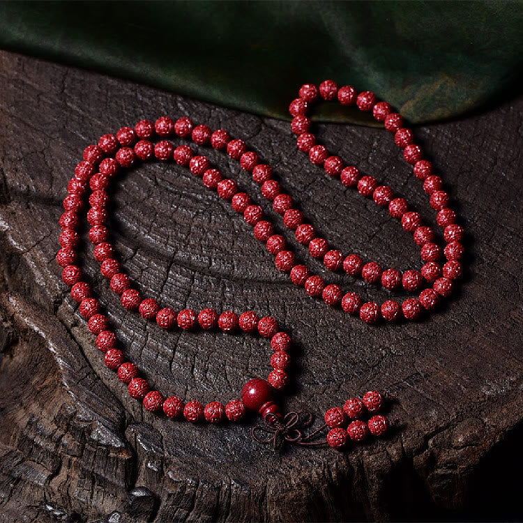 Buddha Stones 108 cuentas Mala cinabrio Om Mani Padme Hum patrón grabado pulsera de bendición