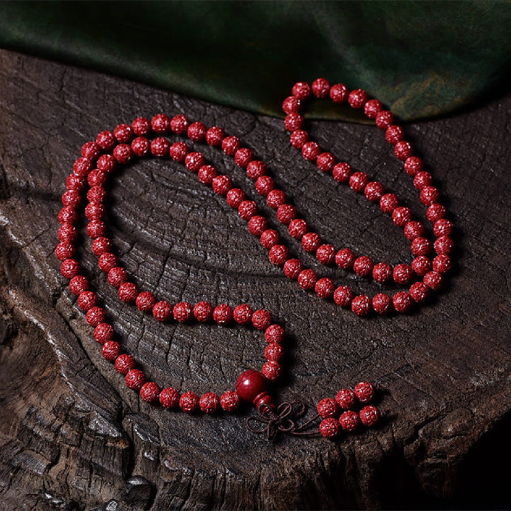 Buddha Stones 108 cuentas Mala cinabrio Om Mani Padme Hum patrón grabado pulsera de bendición