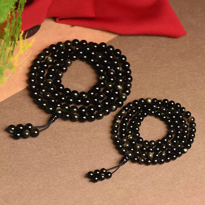 Pulsera de riqueza de obsidiana con brillo de oro natural, cuentas de Mala, 108 Buddha Stones