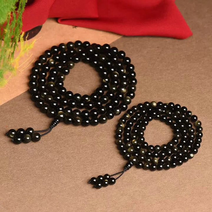 Pulsera de riqueza de obsidiana con brillo de oro natural, cuentas de Mala, 108 Buddha Stones
