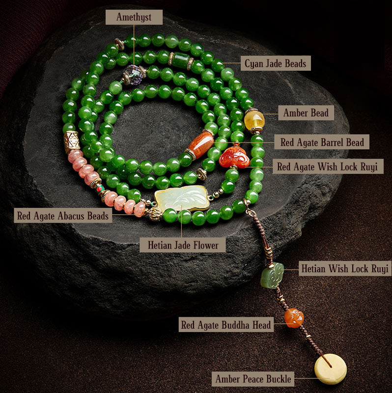Buddha Stones 108 cuentas Mala cian Jade ágata roja pulsera de la suerte de Buda sonriente