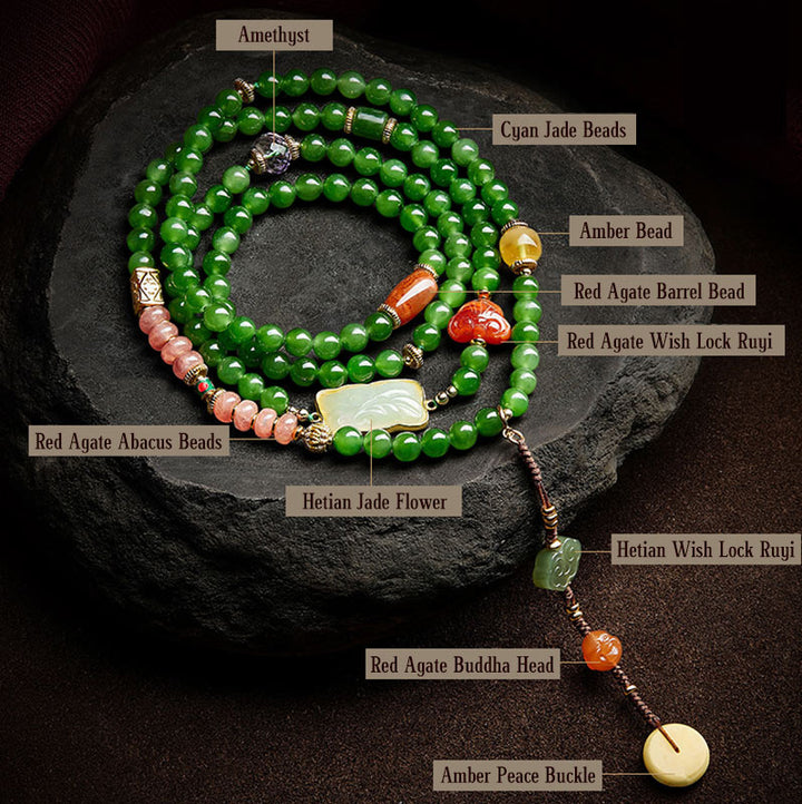 Buddha Stones 108 cuentas Mala cian Jade ágata roja pulsera de la suerte de Buda sonriente