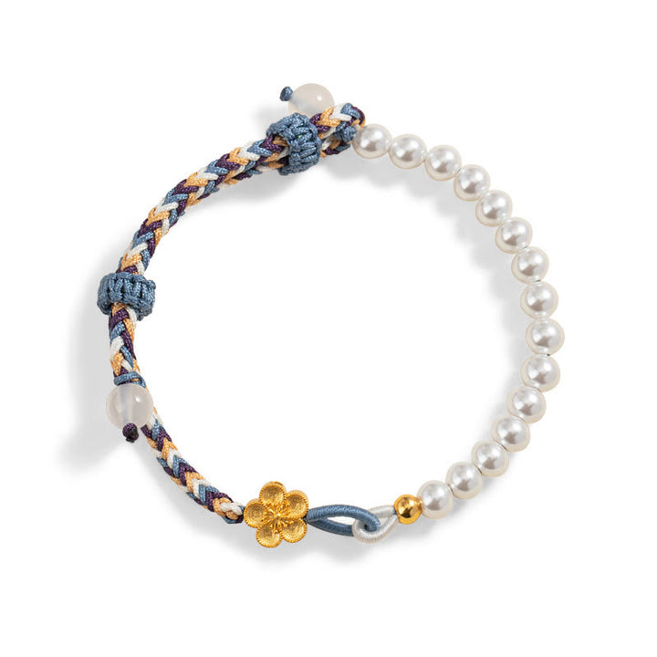 Pulsera de cuerda curativa de calcedonia con perlas de flor de melocotón de plata de ley 925 con Buddha Stones