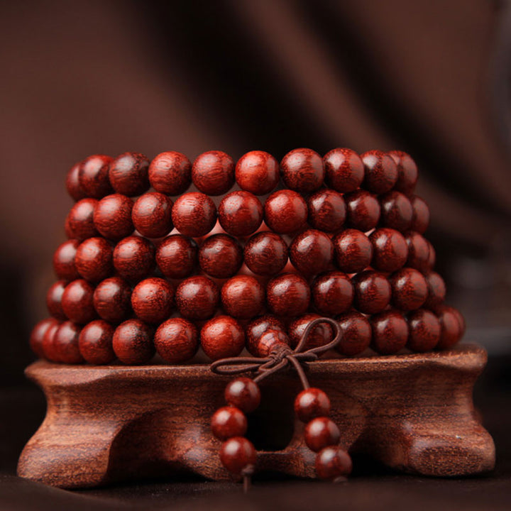 Pulsera de meditación Mala con 108 cuentas de sándalo rojo de hoja pequeña tibetana de Buddha Stones