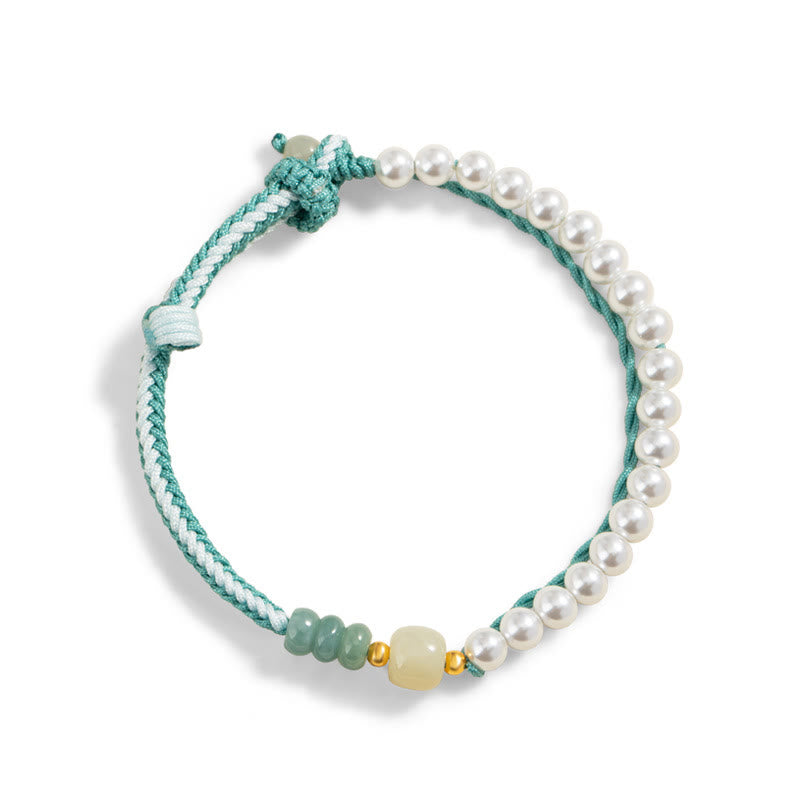 Pulsera de abundancia de perlas de cuerda trenzada de jade hetiano de plata de ley 925 con Buddha Stones