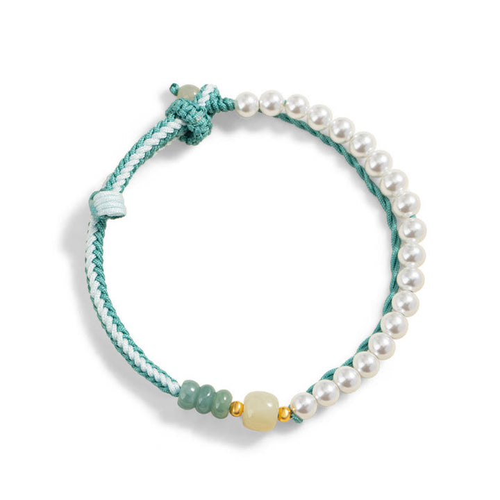 Pulsera de abundancia de perlas de cuerda trenzada de jade hetiano de plata de ley 925 con Buddha Stones