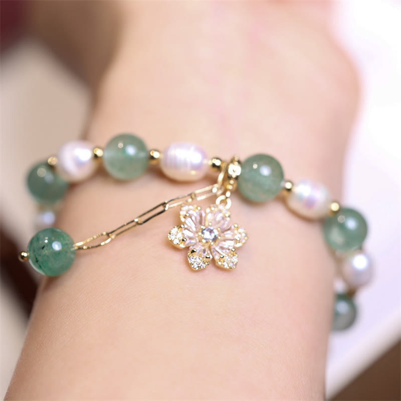 Pulsera de amor con dije de flor de perla de cuarzo fresa verde Natural con Buddha Stones
