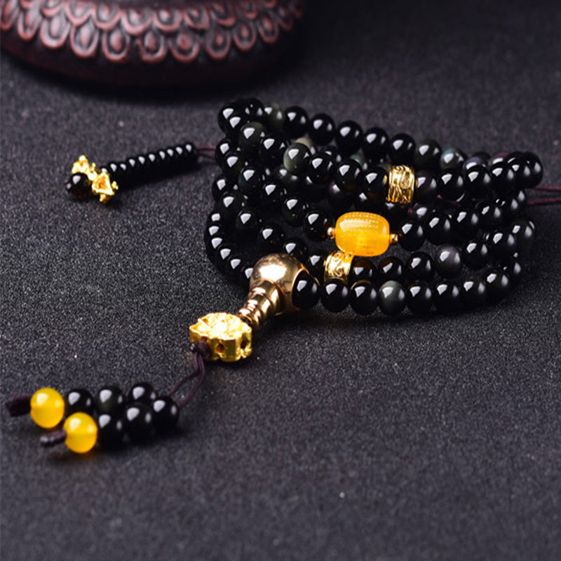 Pulsera Mala de cumplimiento de loto de obsidiana negra natural con 108 Buddha Stones