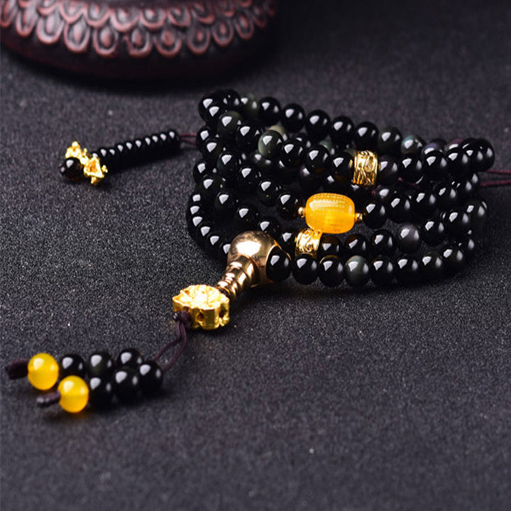 Pulsera Mala de cumplimiento de loto de obsidiana negra natural con 108 Buddha Stones