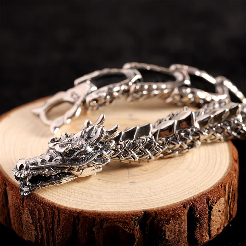 Brazalete de pulsera de éxito de suerte de dragón de plata de ley 925