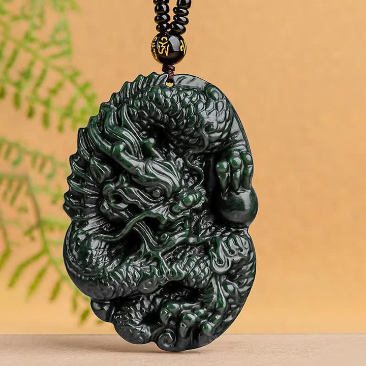 Buddha Stones Hetian Cian Jade Dragón Éxito Armonía Collar Colgante de cadena con cuentas - image 2