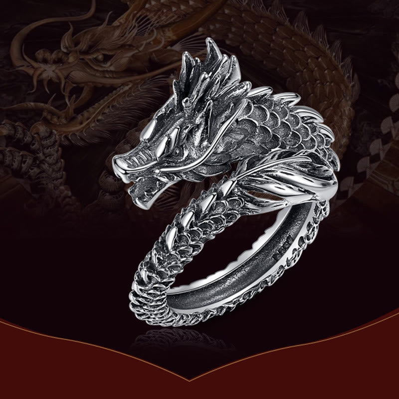 Anillo ajustable de plata de ley 925 con Buddha Stones , diseño vintage de dragón, protección del éxito, fuerza