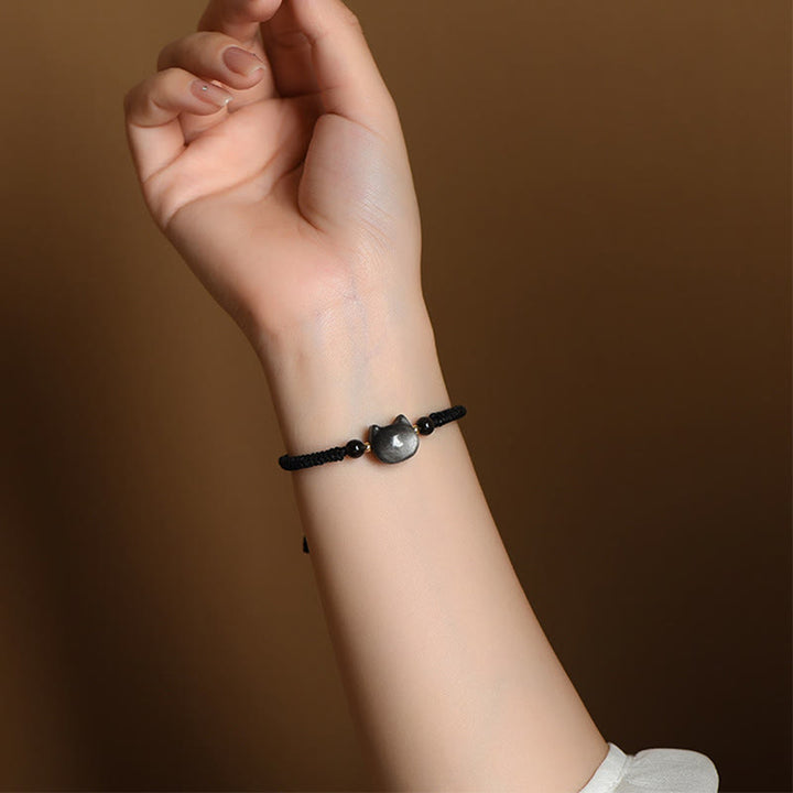 Buddha Stones hechas a mano, plata Natural brillante, obsidiana, cuarzo fresa, pulsera trenzada de protección de gato lindo - image 7