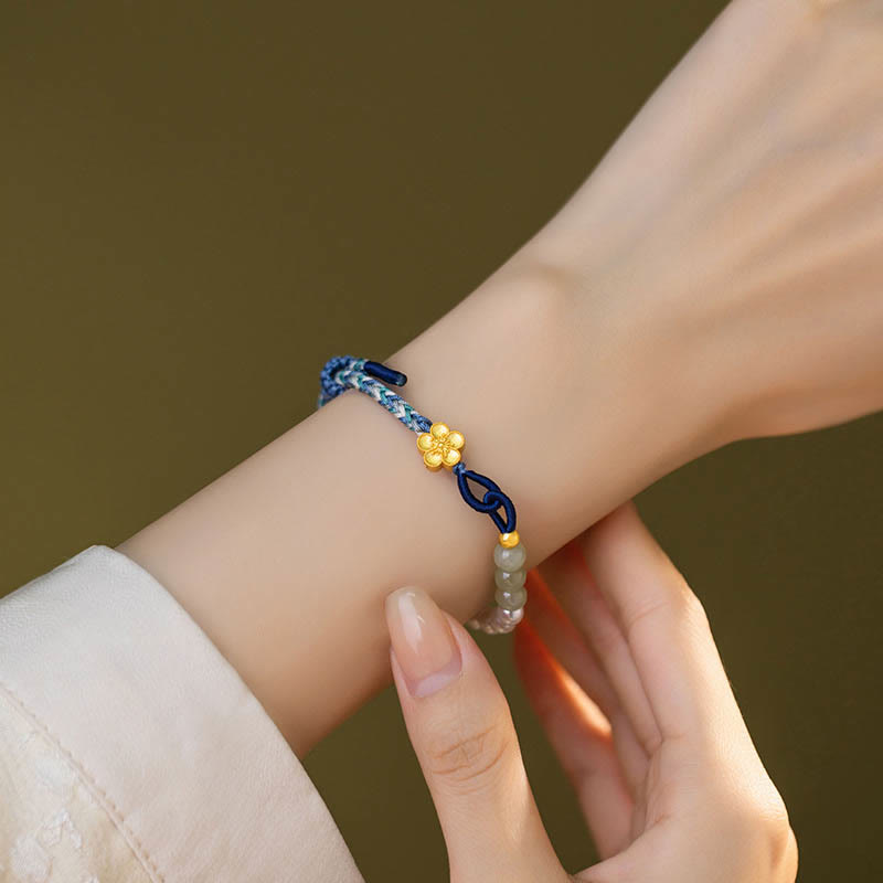 Pulsera de la suerte trenzada con perlas de flor de melocotón y jade hetiano de plata de ley 925 con Buddha Stones