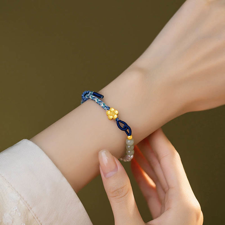 Pulsera de la suerte trenzada con perlas de flor de melocotón y jade hetiano de plata de ley 925 con Buddha Stones
