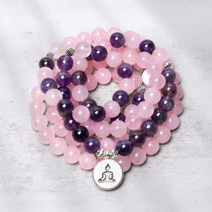 Pulsera con colgante de loto con cuentas Mala de cuarzo rosa natural y amatista con Buddha Stones