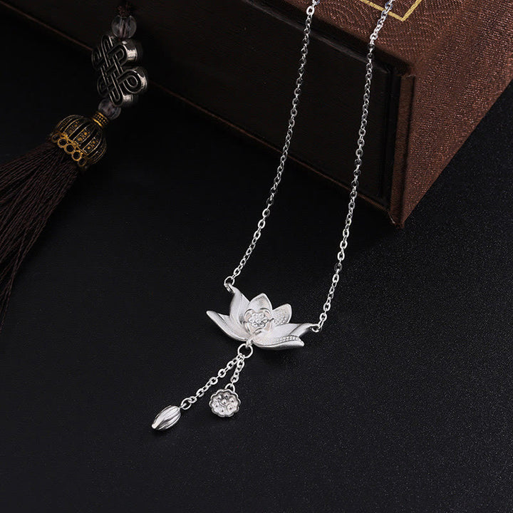 Colgante de collar de iluminación tallada con vaina de flor de loto de plata de ley 999 con Buddha Stones - image 1