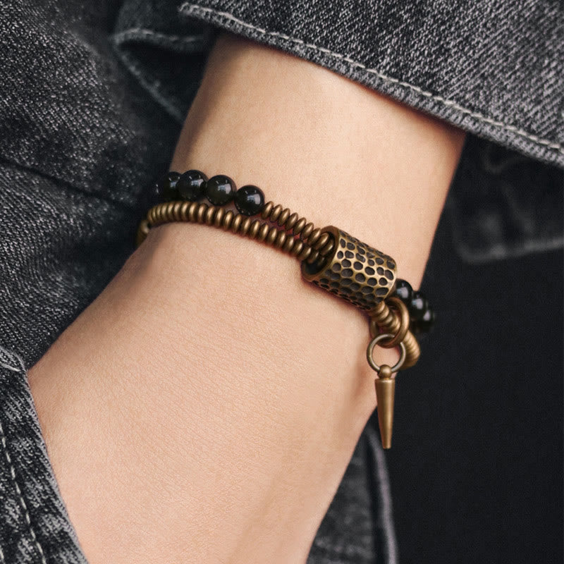 Pulsera de doble capa curativa de paz interior de cobre obsidiana arcoíris con Buddha Stones