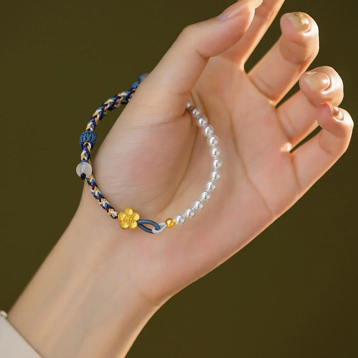 Pulsera de cuerda curativa de calcedonia con perlas de flor de melocotón de plata de ley 925 con Buddha Stones