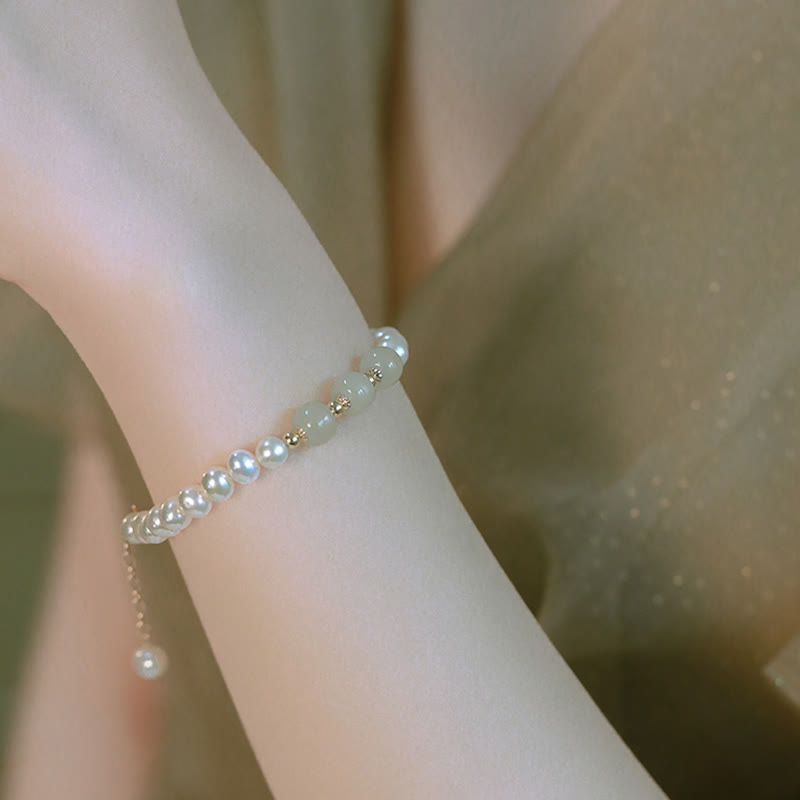 Pulsera de cadena de cuentas de sinceridad de jade blanco de jade cian hetiano de perlas naturales chapadas en oro de 14 quilates