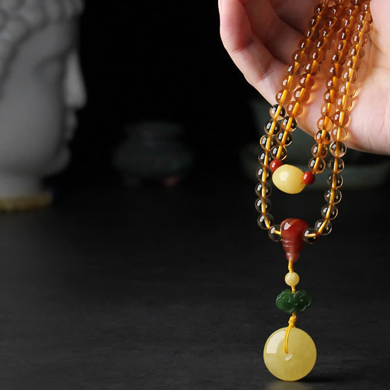 108 cuentas de Mala, citrino Natural, ámbar, hebilla de la paz, ágata roja, pulsera de protección PiXiu